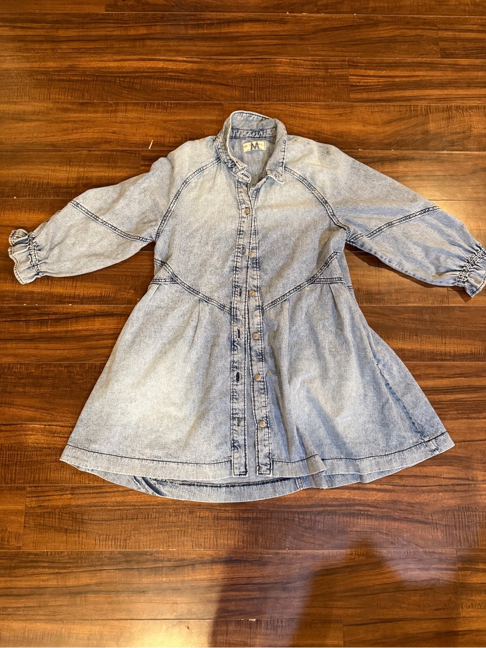 We The Free Free People Acid Wash Denim Mini Dress Tunic Ruffle Sleeve Medium